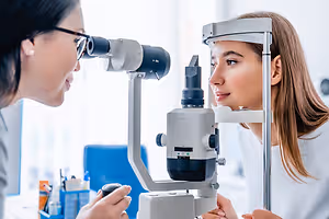 A woman is having her eyes examined by an optometrist in an office.