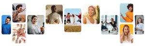 Group of people in various activities smiling and happy
