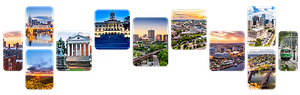 A collage of images of various cities and landmarks from different angles and times of day, including a city skyline, a bridge, a university building, a sunset, a cityscape, a city with a river, a university building, a city with a bridge, a city with a sunset, a cityscape, a city with a river, and a cityscape.