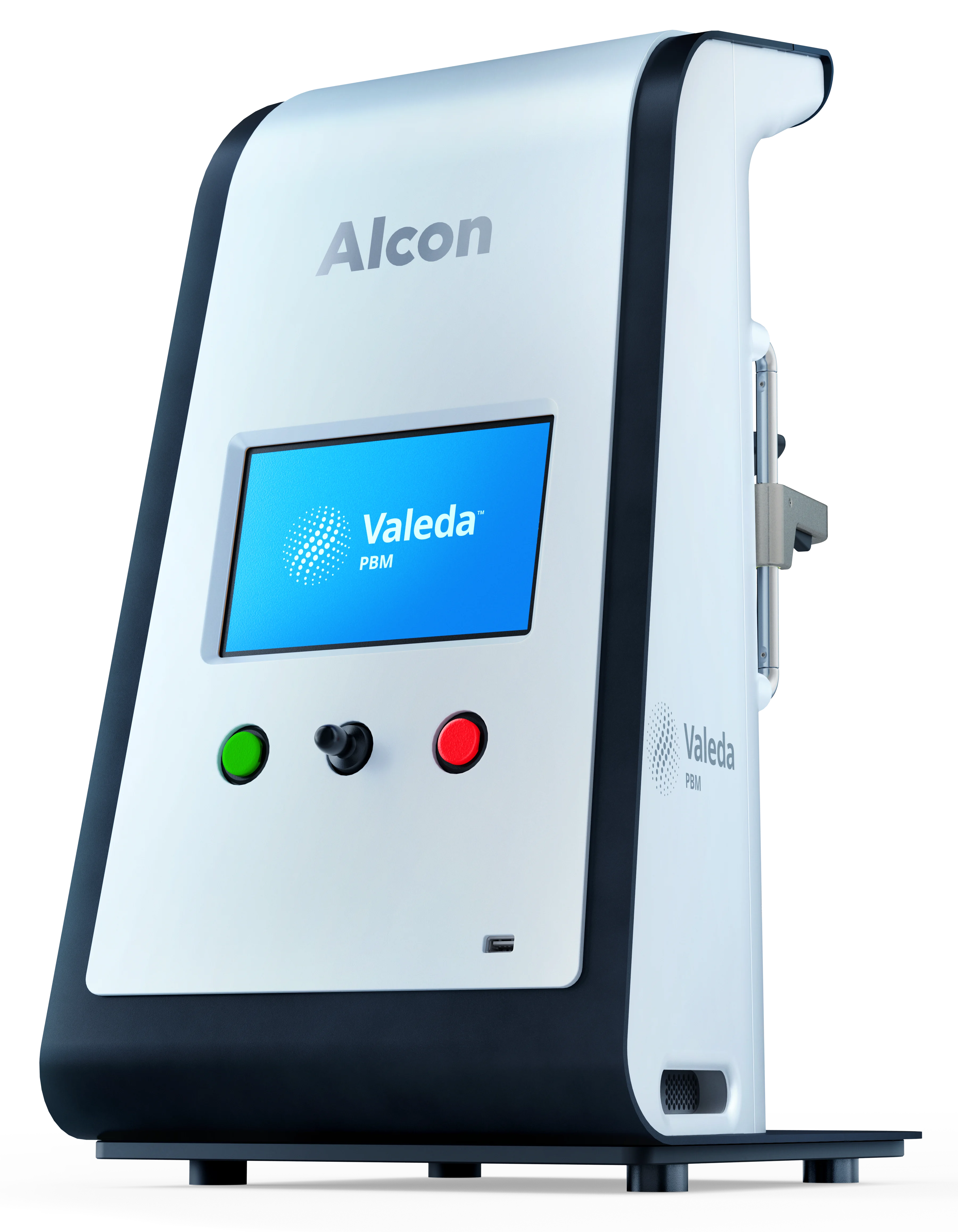 Close-up of a Valeda PBM eye care device with touchscreen and colored control buttons