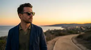 A Stockbridge man wearing sunglasses and a blue jacket stands on a path with a sunset in the background
