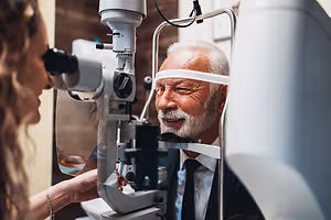 Senior man getting an eye examination by a female optician