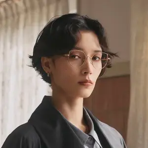 A woman with short hair and glasses standing in front of a white curtain.