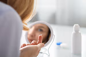 A woman is looking at herself in a mirror and placing a contact lens on her finger