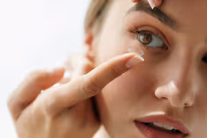 A woman wearing contact lenses and checking her eye with her finger.