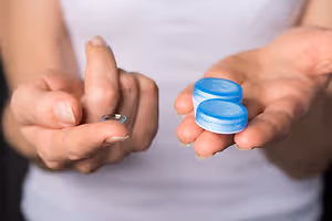 Close up of a woman's hands holding a blue contact lens case and a ring.