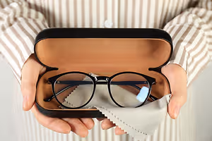 A pair of black-framed glasses in a black case with a white cloth inside.