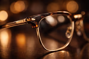 A pair of eyeglasses with gold-tone frames and clear lenses sits on a wooden table with a warm, blurry background