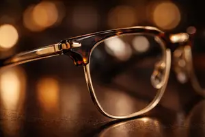 A pair of eyeglasses with gold-tone frames and clear lenses sits on a wooden table with a warm, blurry background