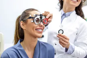 A woman in blue scrubs and a woman in a white coat are in a room, the woman in scrubs is smiling and looking at something through a pair of eyeglass frames, the woman in the white coat is holding a black ring and looking at the woman in scrubs.