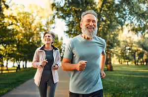 A couple is running on a pathway in the park, surrounded by trees and grass, during the daytime.