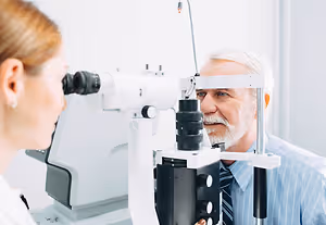 An elderly man having his eye examined by a woman wearing an eye doctor's coat
