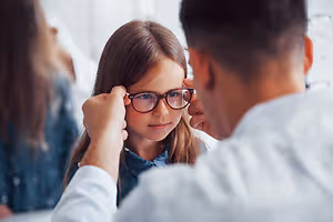 A young girl is having her glasses adjusted by a doctor in a clinic setting.