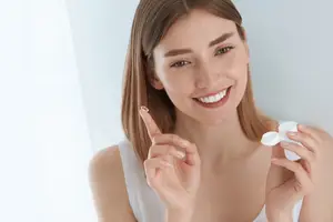 A woman with brown hair wearing a white sleeveless top is holding a contact lens and smiling with her eyes closed