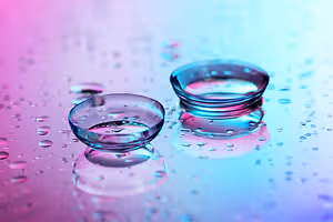 Two contact lens cases are filled with water and sitting on a colorful background.
