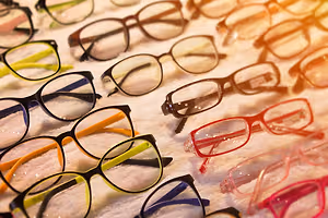 A collection of multicolored glasses with different frames and lenses displayed on a white cloth.