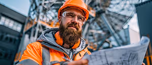 A bearded man in an orange hard hat, wearing safety glasses and a reflective vest, holding a paper with a blueprint while standing in front of a construction site with a metal structure and a building in the background.