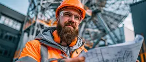 A bearded man in an orange hard hat, wearing safety glasses and a reflective vest, holding a paper with a blueprint while standing in front of a construction site with a metal structure and a building in the background.
