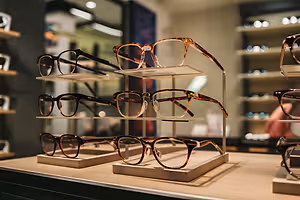A display of various glasses in a retail shop, featuring three sets of glasses with wooden stands on a wooden shelf