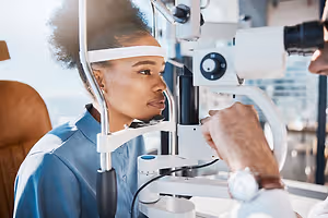An eye doctor examining a female patient's eye with a slit lamp
