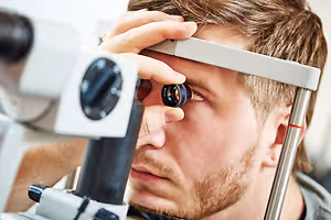 A man is using a device to examine his eye, possibly in a clinic.