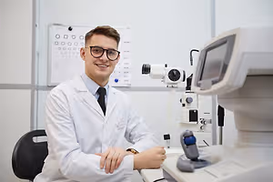 A smiling man with glasses wearing a lab coat and tie in an optometrists office