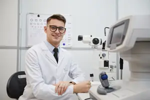 A smiling man with glasses wearing a lab coat and tie in an optometrists office