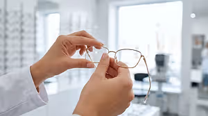A person wearing a white lab coat is examining a pair of glasses in an optical shop.