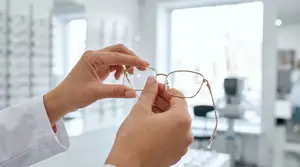 A person wearing a white lab coat is examining a pair of glasses in an optical shop.