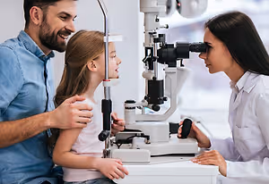 A girl with long blonde hair sits in front of an optometrist while her father looks on.