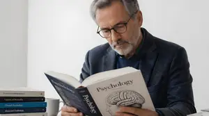 An older man wearing glasses and a suit reading a book about psychology