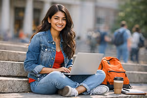 Woman sitting on steps using a laptop with a coffee cup next to her.