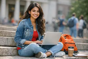 Woman sitting on steps using a laptop with a coffee cup next to her.