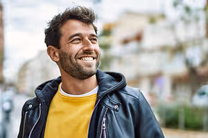 A man with a beard is smiling while standing on a street, wearing a yellow shirt and a black jacket with a zipper. Behind him, there are some blurry buildings, cars, and plants, and the sky is covered with clouds.