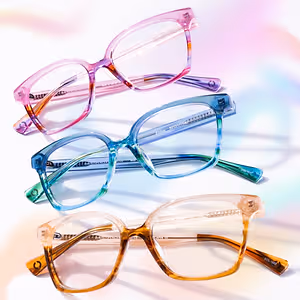 Four pairs of glasses of different colors are on a white background.
