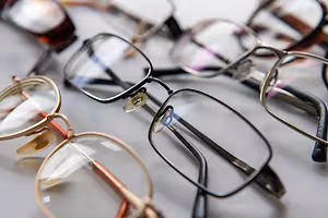 Several pairs of glasses are displayed on a white surface.