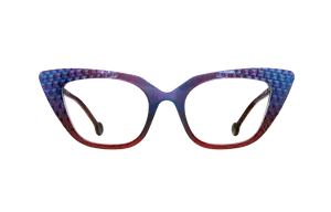 A pair of eyeglasses with a blue and red frame and a diamond pattern on the sides