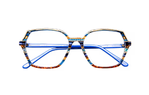 Blue frame eyeglasses with multicolored decorative accents
