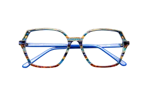 Blue frame eyeglasses with multicolored decorative accents