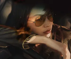 A woman with a serious expression wearing a jacket and sunglasses leaning on the car's side mirror.