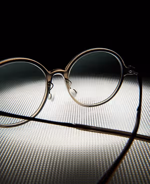 A pair of round-shaped glasses with silver frames and lenses rests on a textured surface, casting a slight shadow.