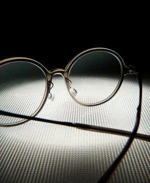 A pair of round-shaped glasses with silver frames and lenses rests on a textured surface, casting a slight shadow.