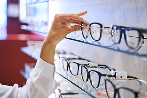 A person is holding a pair of eyeglasses with a blurry background