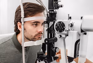 A man is checking his eyes with a machine