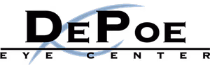 DePoe Eye Center logo featuring a stylized eye with a curved line and the text 'DePoe Eye Center' in bold letters on a black background