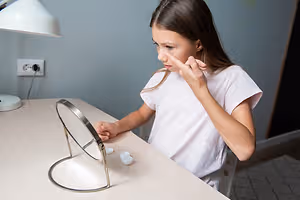A girl is sitting in front of a desk, touching her face with one hand while looking at her reflection in a mirror. She is wearing a white shirt and has long hair. On the desk, there is a lamp, a power outlet, and a mirror stand with a mirror on it.