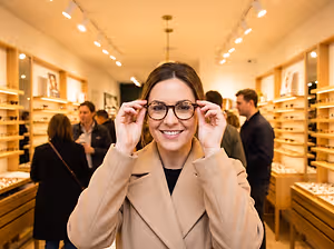 A smiling woman in a coat is adjusting glasses in an optician's shop with customers in the background.