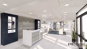 A modern interior design of a store with a reception desk, a chandelier, and a glass door.