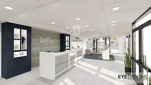 A modern interior design of a store with a reception desk, a chandelier, and a glass door.