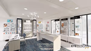 A room with a glass door and a glass wall that has a chandelier, a desk, a chair, and a cabinet with a lot of glasses.